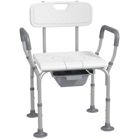 HOMCOM 3-in-1 Shower Chair with Back and Arms, Height Adjustable Bedside Commode, Raised Toilet Seat with Non-Slip Rubber Foot Pad for Seniors, Disabled, White