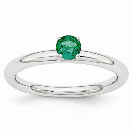 Rhodium Plated Sterling Silver Stackable 4mm Created Emerald Ring