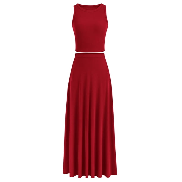Conjunto de Falda Larga de 2 Piezas para Mujer PRETTYGARDEN Rojo XL