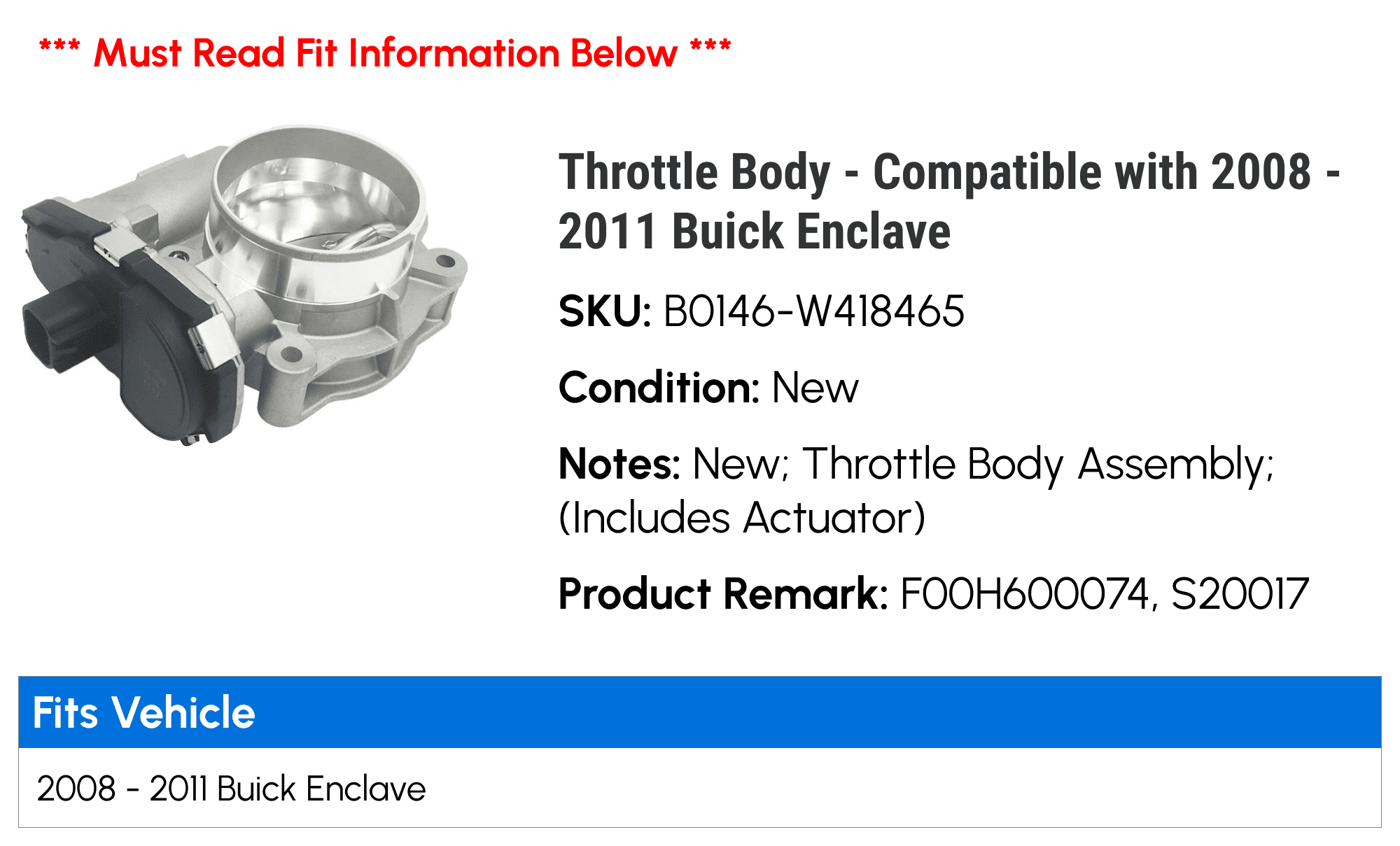 Throttle Body - Compatible with 2008 - 2011 Buick Enclave 2009 2010