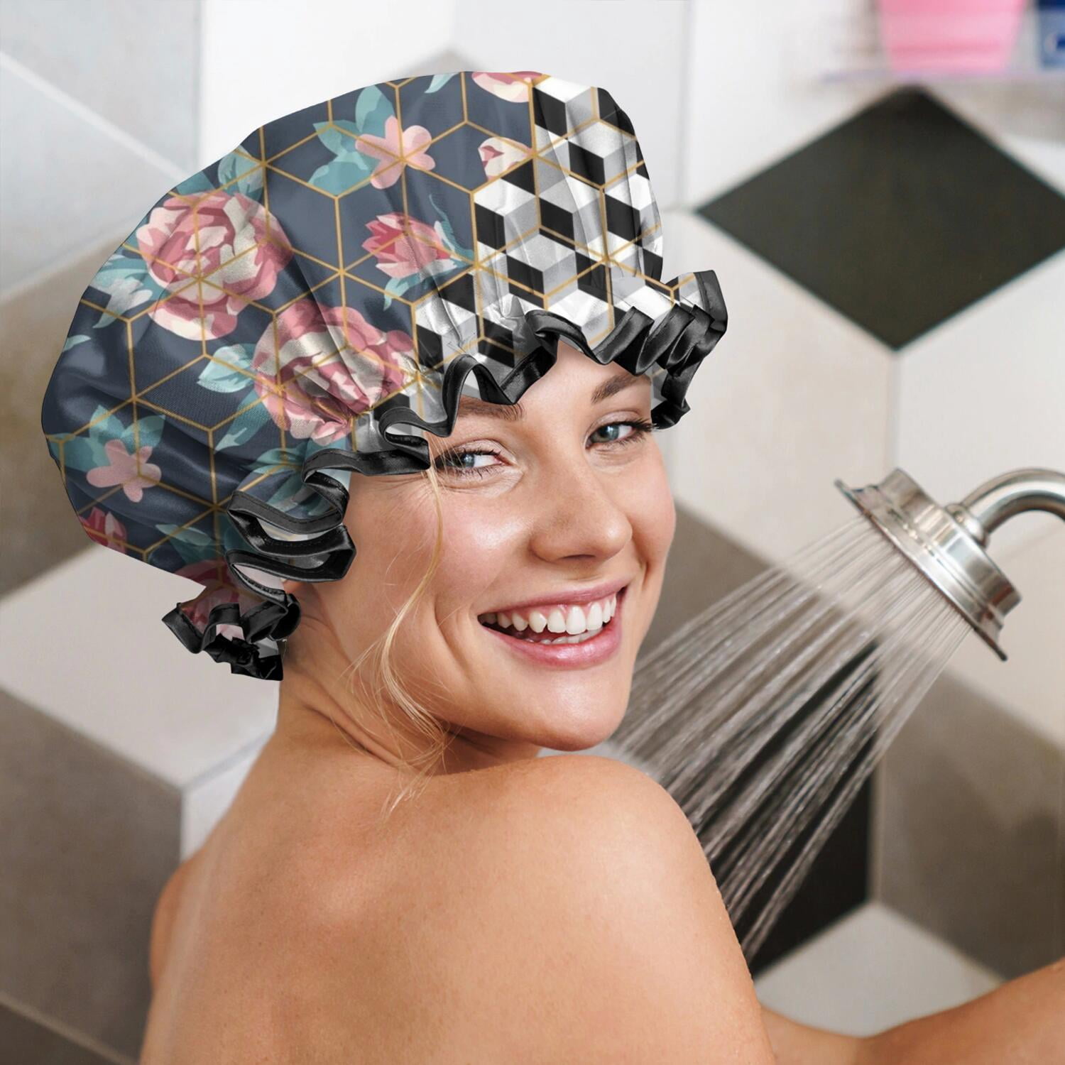 Shower Caps,Pioneer Flower Floral Print Pattern Waterproof Shower Cap for Women 4 Pieces,Double Reusable Hair Cover for Shower PEVA Elastic Stretch Hem