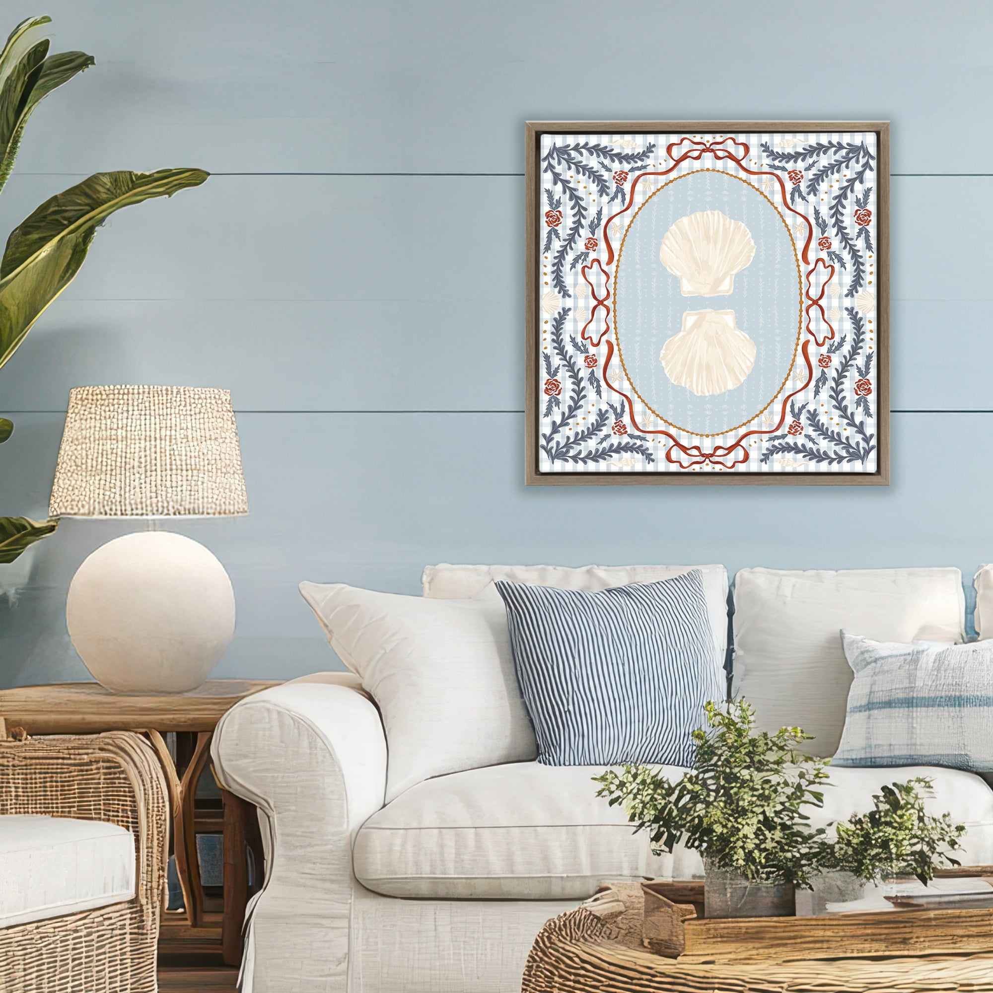 Stupell Industries Shells Portrait on Gingham Brown Framed Floater Canvas Wall Art, design by Vero Illustrates