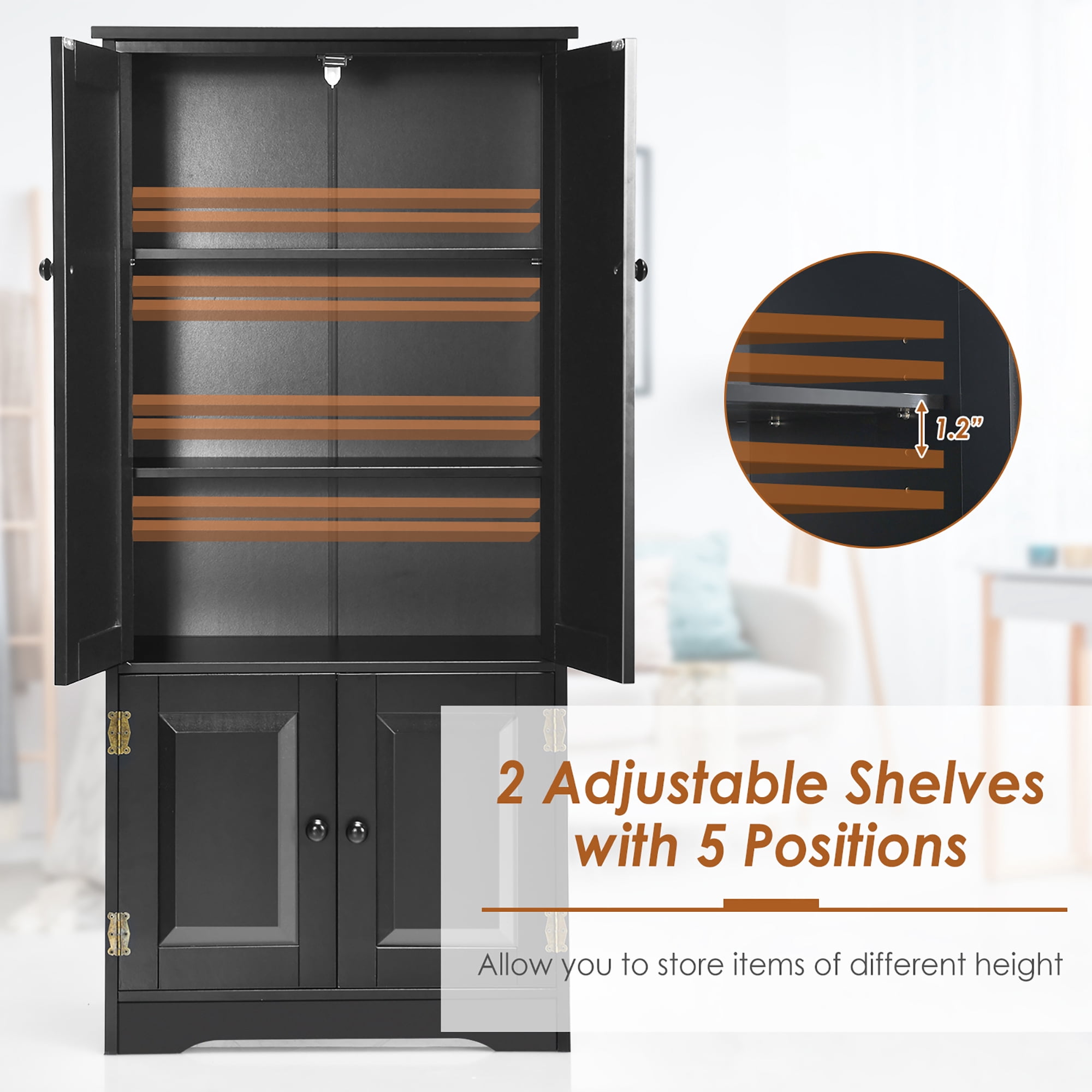 Costway Accent Floor Storage Cabinet W/ Adjustable Shelves Antique 2-Door Black