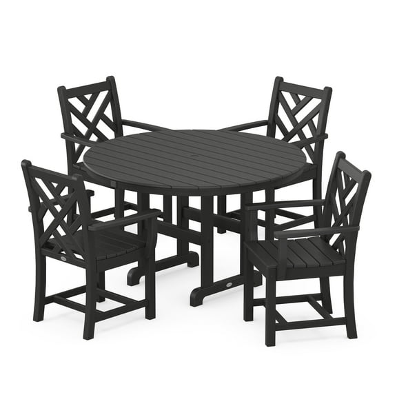 POLYWOOD Chippendale 5-Piece Round Arm Chair Dining Set in Black