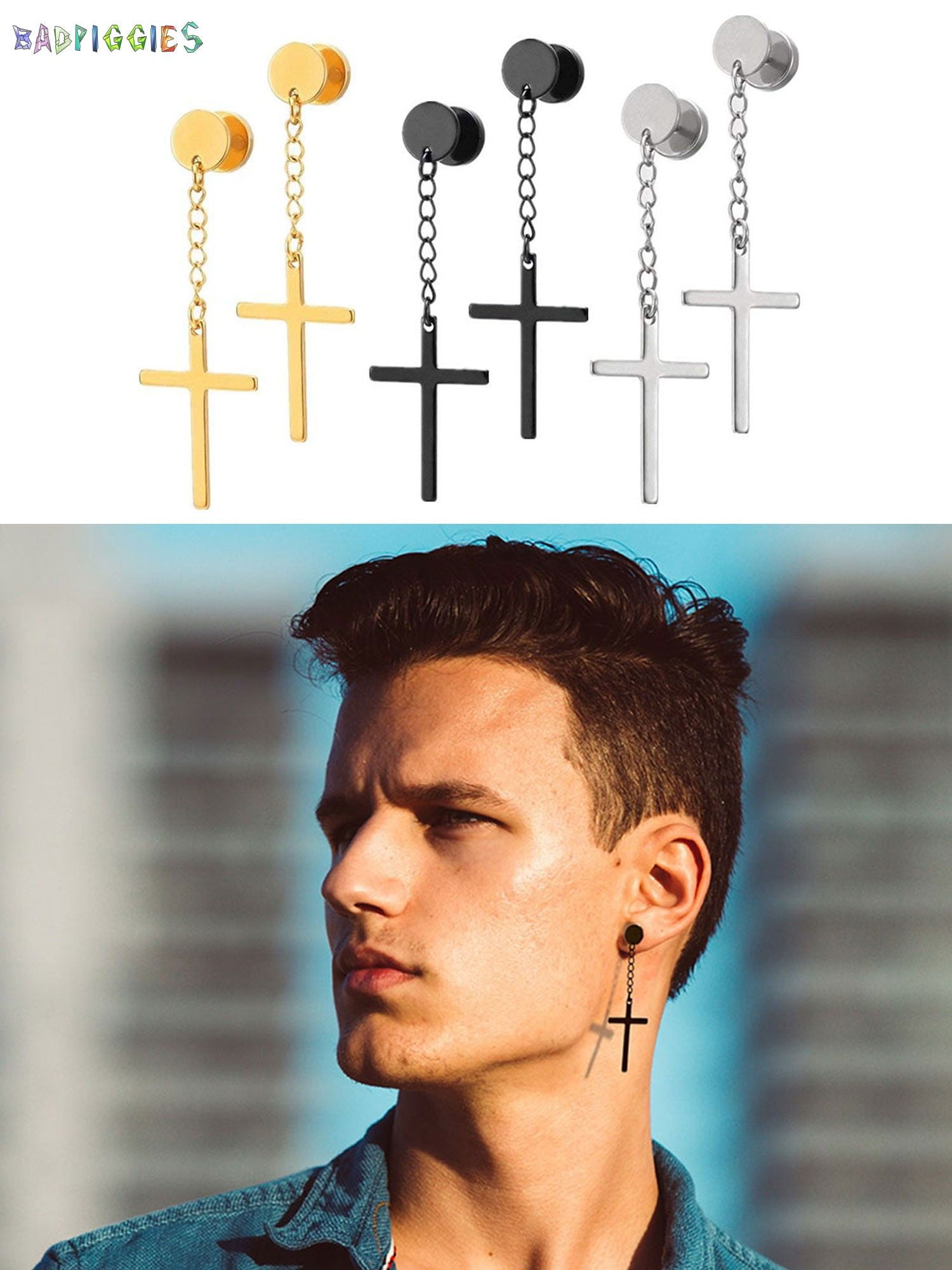 Bad Piggies - BadPiggies Men&amp;#39;s Hypoallergenic Stainless Steel Cross Earrings Drop Dangle Hoop Cross Pendant Earring (Black)