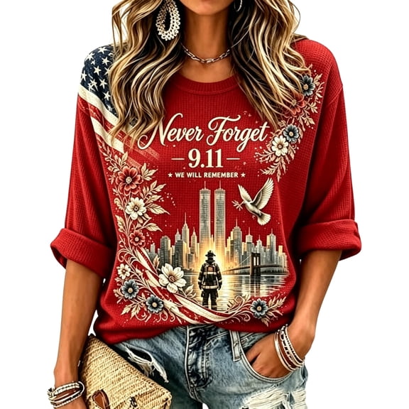 AHMOMEI 911 Memorial Never Forget 3/4 Sleeve Tops for Women Courage Hope 911 25th Anniversary Tshirt American Flag Women Patriotic Shirt XXL