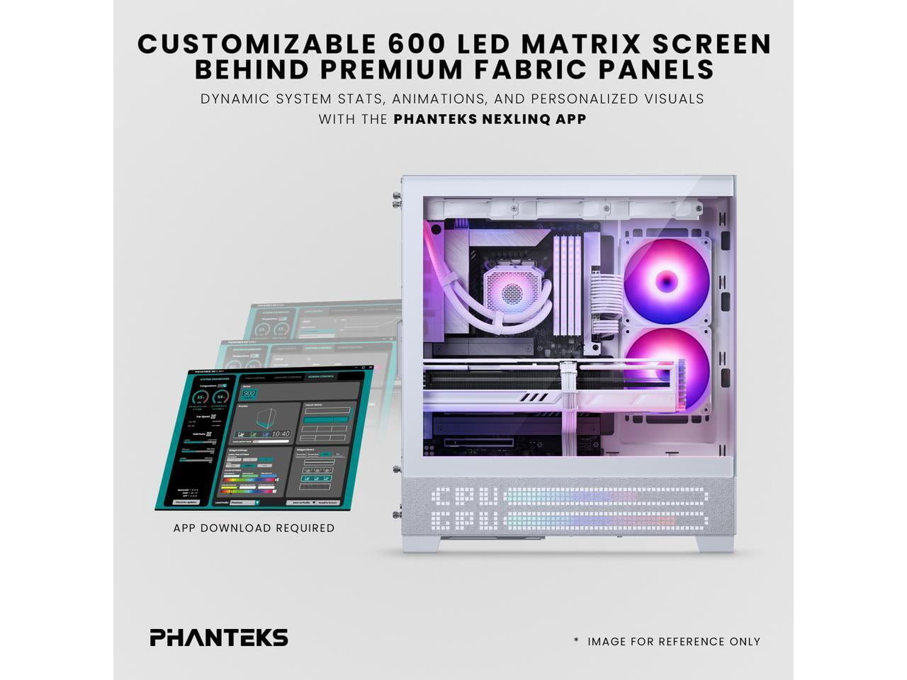 Phanteks XT View Matrix Mid-Tower ATX Gaming PC Case, 600-LED Matrix Display, Tempered Glass Front & Side Panels, USB-C 3.2 Gen2, 3x D-RGB Fans Included, Rear-Connector Ready, Grey White