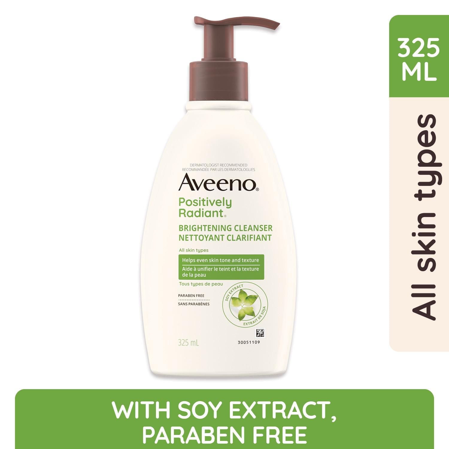 Aveeno Positively Radiant Brightening Cleanser - Makeup Remover, Soy Extract Face Cleanser, Remove Oil, Smooth Skin Tone, 325 mL