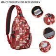 thumbnail image 2 of Sling Backpack,Red Christmas Patchwork Pattern Sling Bag with Water Bottle Holder,Waterproof Sling Bag for Men/Women with Headphone Jack for Hiking,Travel, 2 of 6
