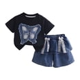 thumbnail image 3 of Shadoumai Girls Embroidered Short Sleeve Top Denim Shorts Summer Outfit Bow Cute Details Casual Playful Ensemble For Toddler Kid Back to School Outfits, 3 of 7