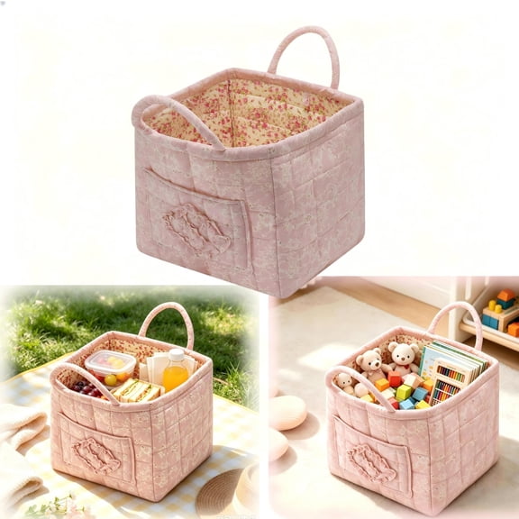 Boho Quilted Floral Storage Basket, Large Collapsible Fabric Organizer with Reinforced Handles & Side Pockets for Car, Home, Picnic, Laundry