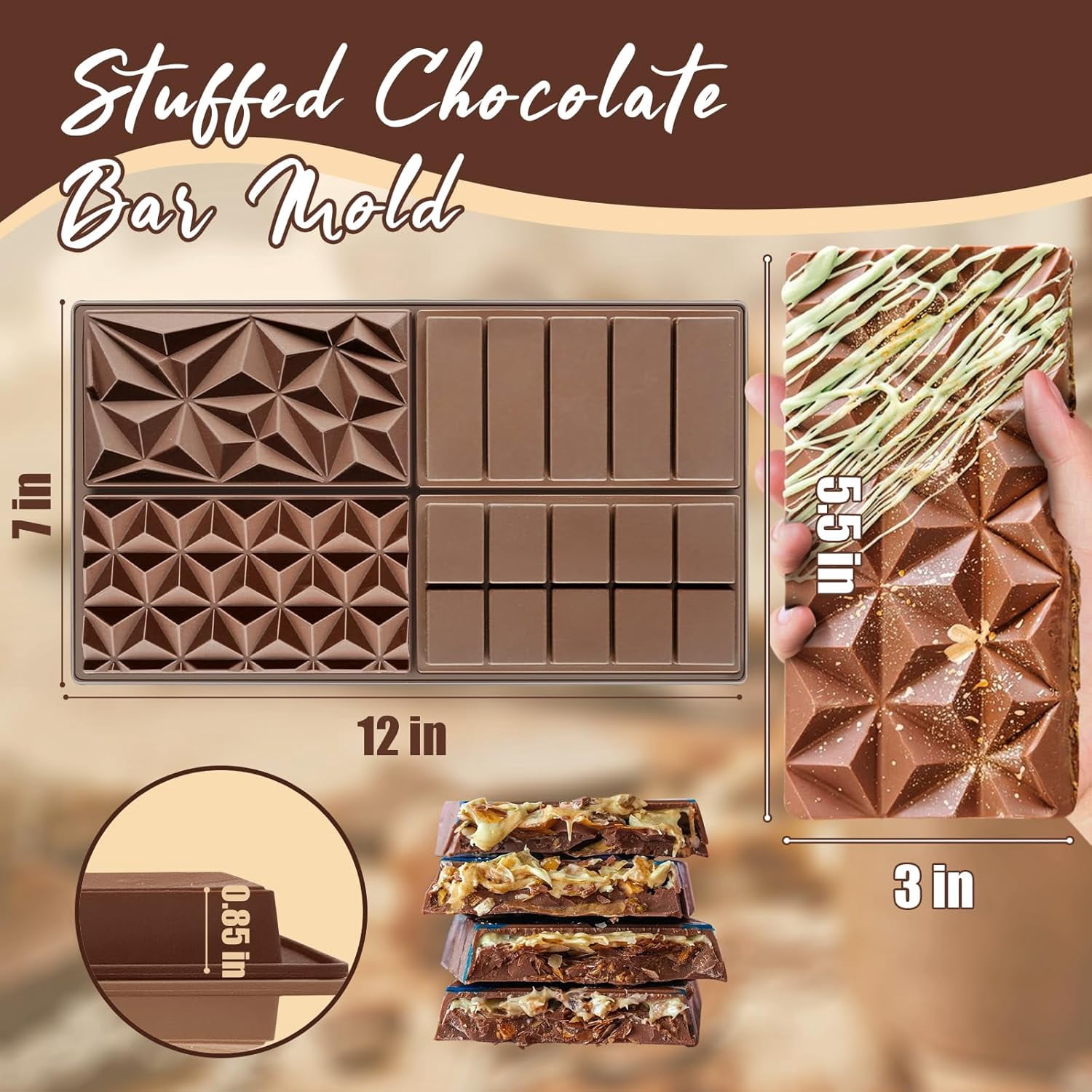 FRKSMD-Chocolate Bar Silicone Molds, Large Stuffed Dubai Pistachio Deep Bar Moulds Kit 1 Inch Thick Big Pack of 2, Ideal for Homemade Making Bar Candy Bar Bpa Free DIY