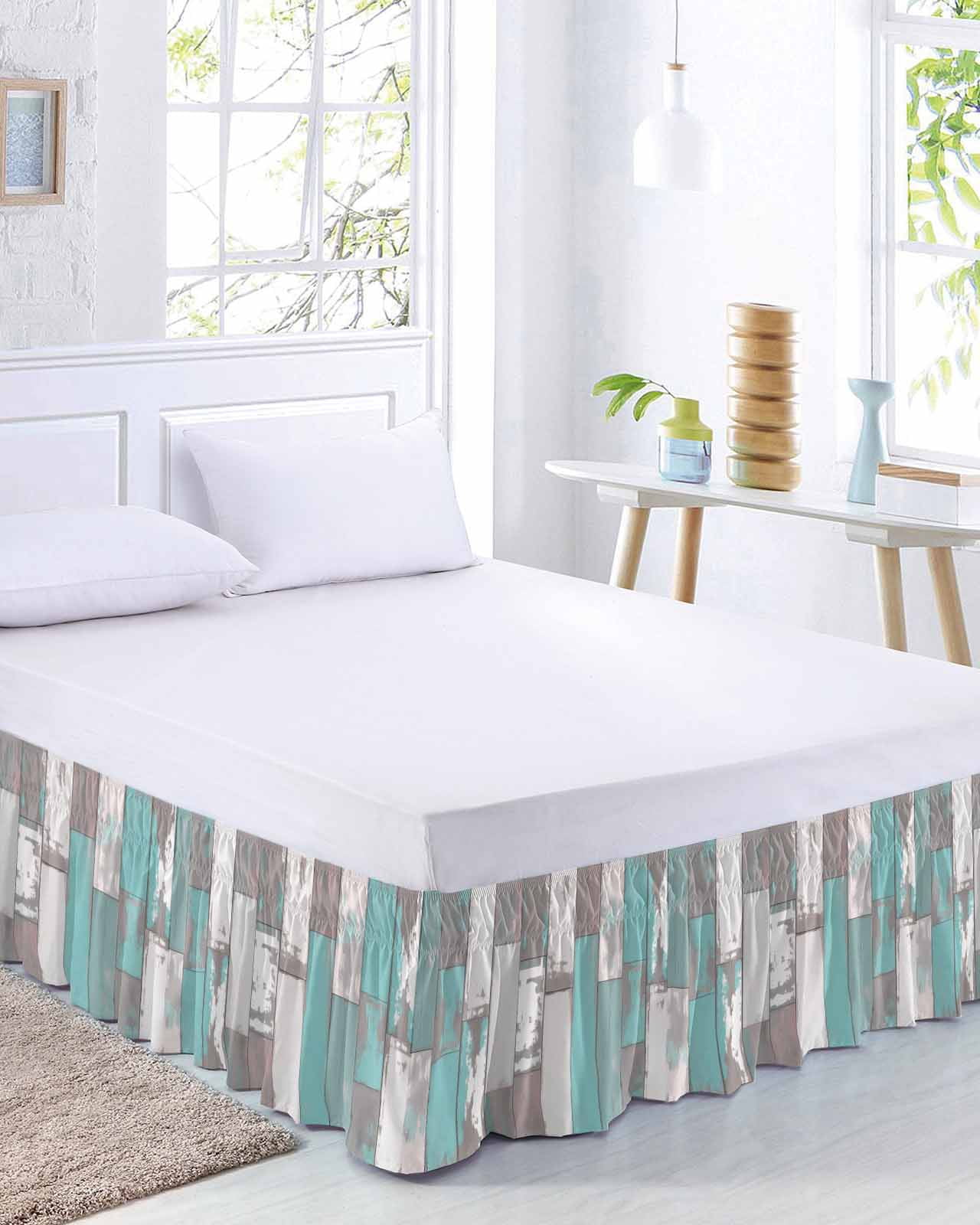 Turquoise Gray Wrap Around Bed Skirts for Queen Bed 18" Drop,Bed Skirt with Adjustable Elastic Belt Dust Ruffle Bed Valance for Bedroom Hotel Country Retro Mottled Texture Wood Grain Bed Frame Cover