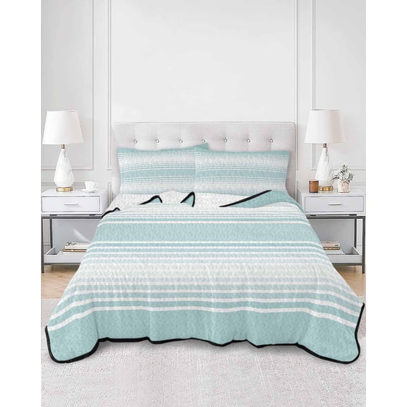 Quilts Full Size, Aqua Striped Soft Comforter Bedding Set for Bed, Teal Ombre Farmhouse Stripes Lightweight Quilted Bedspread with Pillow Cover(2 Pieces) for All Season, 78x90 Inch