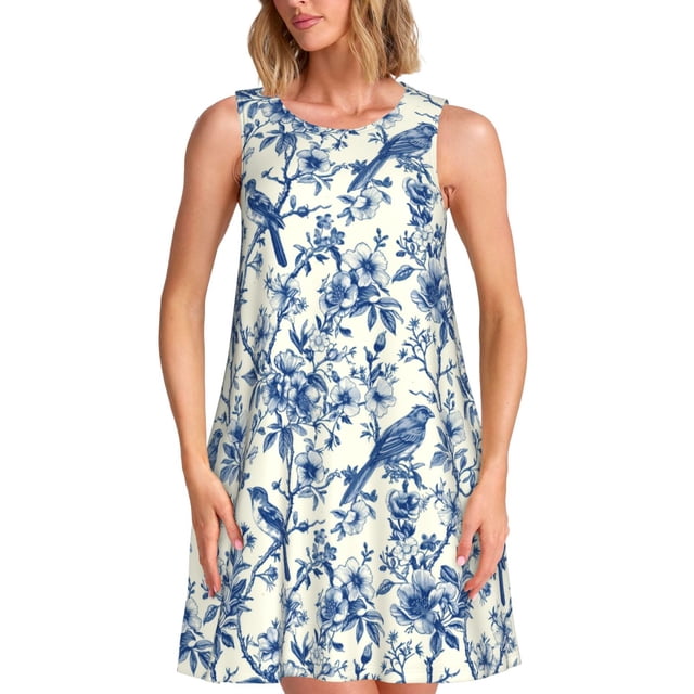 Balery Vintage Floral Birds Vestidos de verano para mujer con estampado: vestido holgado sin mangas, vestido playero informal y cómodo para días calurosos.