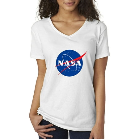 Trendy USA 1314 - Women's V-Neck T-Shirt Nasa Logo Space USA Program Astronauts Medium White