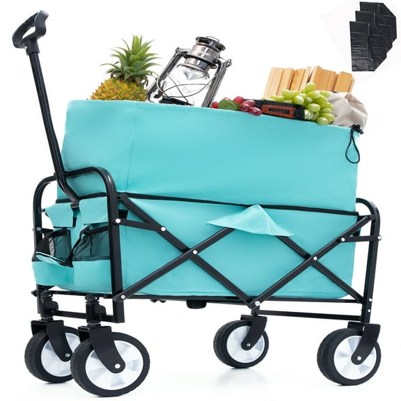 Furnibear Heavy-Duty Folding Wagon Cart with All-Terrain Wheels | Includes 3 Liner Bags | for Camping, Beach, Grocery,Blue