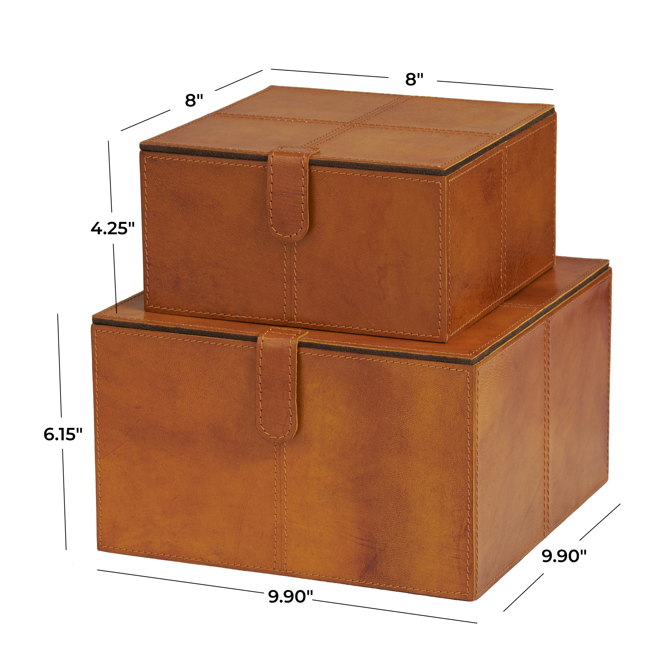 DecMode Handmade Storage Brown Leather Decorative Box with Snap Front Closure and Detailed Stitching, 2 Count