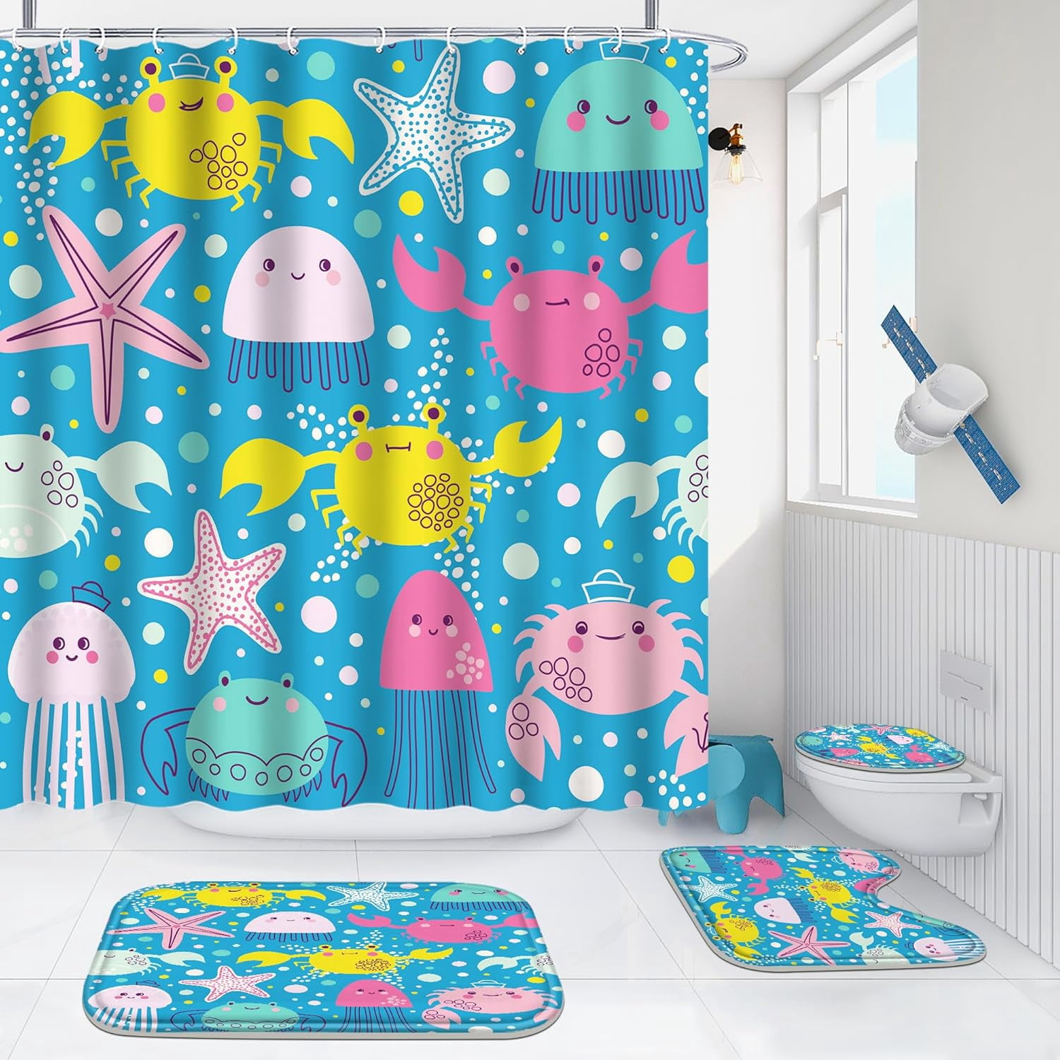 4 Pcs Bathroom Shower Curtain Set,Kid's Bathroom Set,Baby Octopus Shower Curtain Sets with Rugs(Bath Mat,U Shape and Toilet Lid Cover Mat) and 12 Hooks