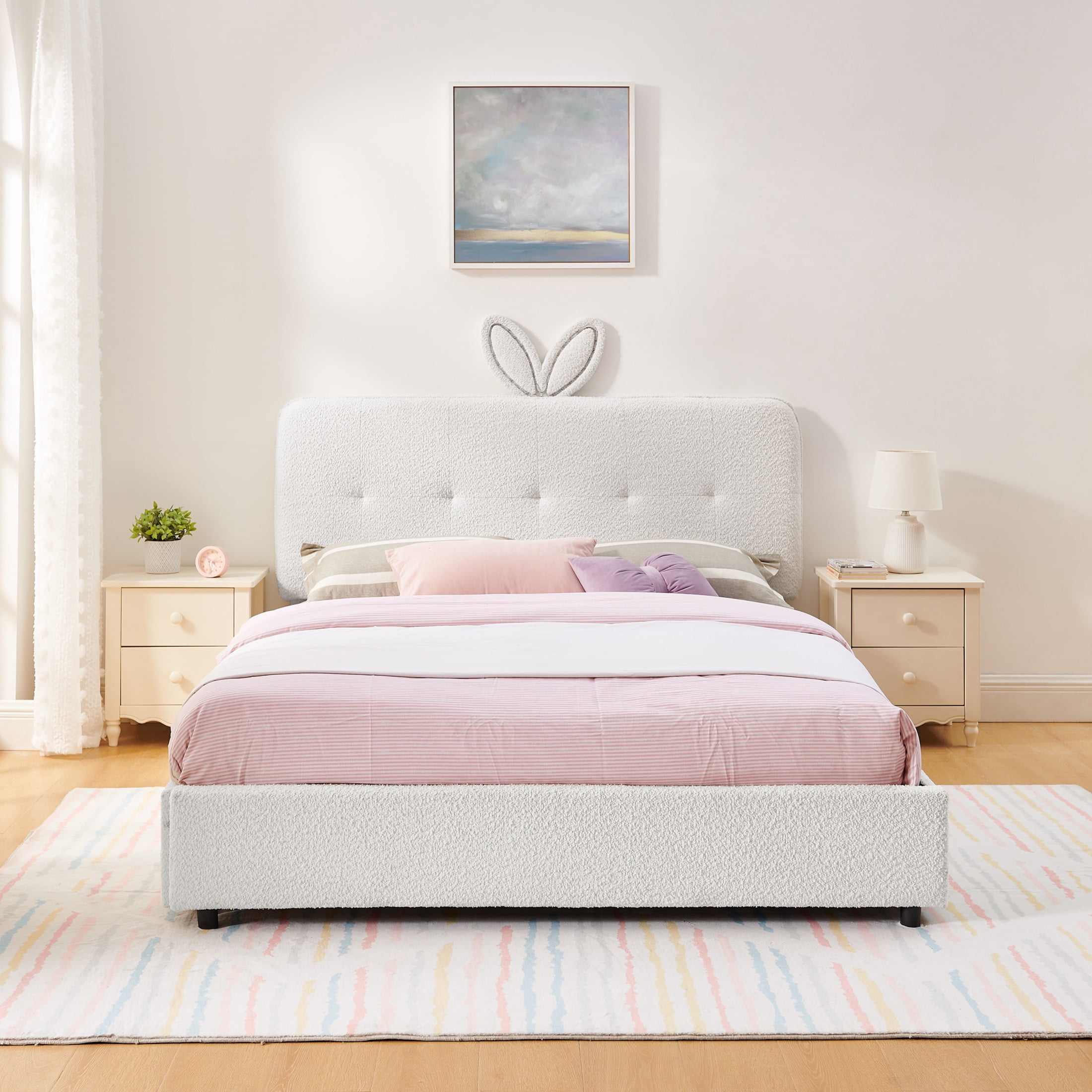 Noble House Bertis Queen Size Boucle Kids Bed, Rabbit Ear Headboard Bed Frame with LED Light and Storage Drawers, Beige