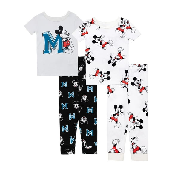 Disney Little Boys' Mickey 4-Piece Cotton Pajama Set, M for Mickey, 2T