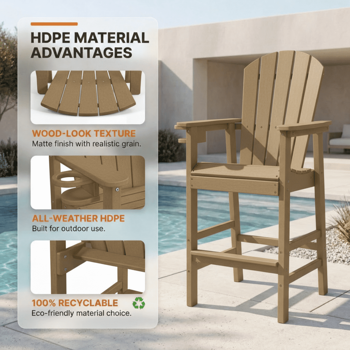 HDPE Bar Height Adirondack Chair All-Weather Outdoor Patio Chair with Cup Holder (Weathered Wood)