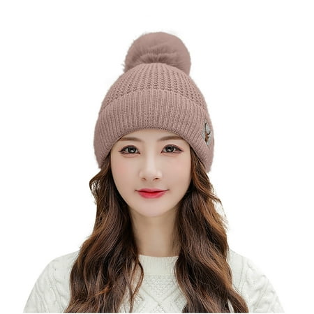 CEHVOM Women's Double Layer Plus Fleece Knitted Ear Protection Warm Hair  Ball Wool Hat 