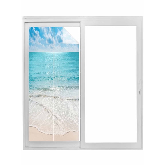 Summer Beach Window Privacy Film, Blue Coastal Ocean Seaside Nautical Static Cling UV Sun Blocking Tint Film Heat Control Windows Films for Bedroom Bathroom, Window Stickers 17.7"x39.3"