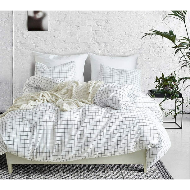 3 Pcs White Grid Duvet Cover King, How To Sew A Zipper On Duvet Cover Without Sewing