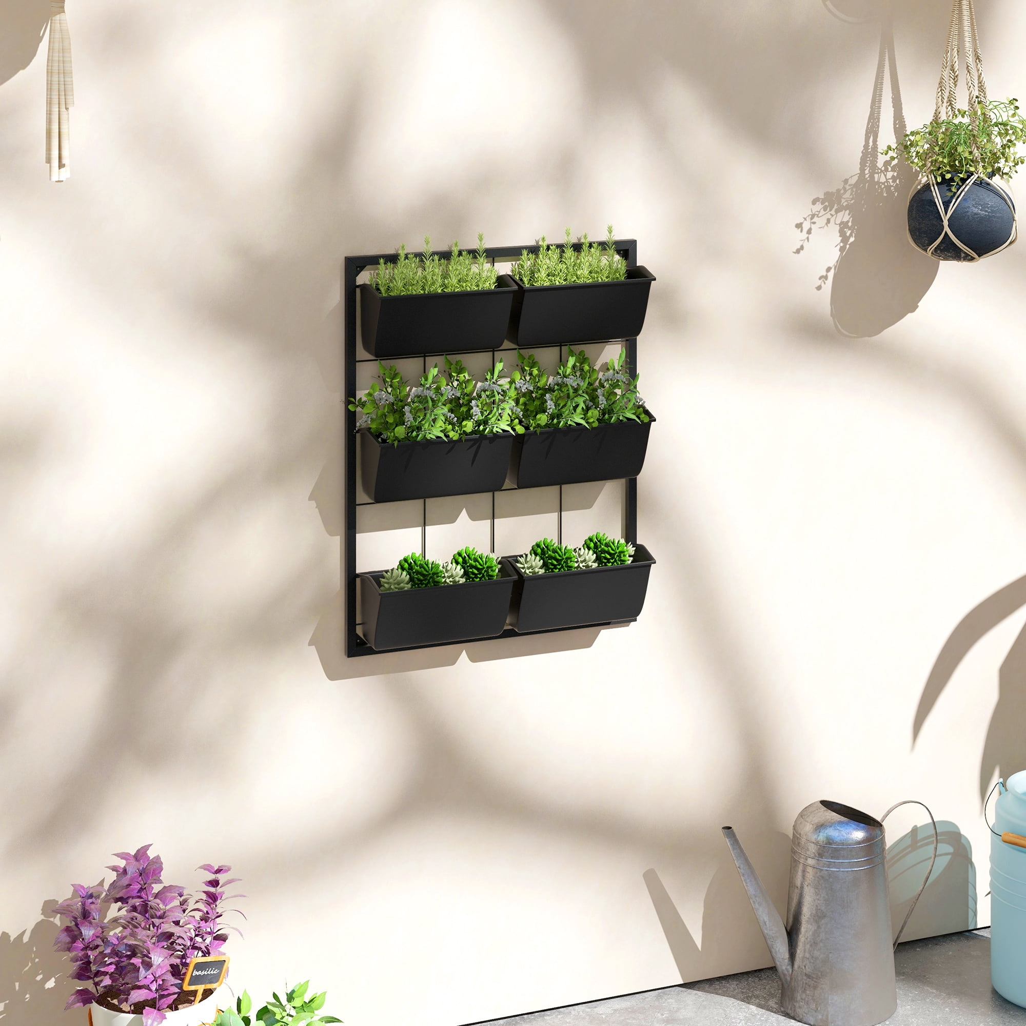 3 Tier Wall Planter with 6 Pots Self Draining Hanging Plant Holder for Indoor Outdoor Use