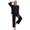 thumbnail image 4 of DAKIMOE Lounge Sets for Women Pajamas Long Sleeve Sleepwear Soft Nightwear 2 Piece Pjs Ribbed Knit Fall Winter Outfits Pockets, Black, S, 4 of 9