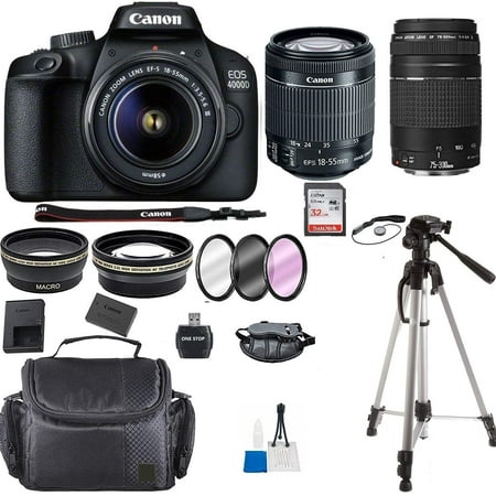 Canon EOS Rebel 4000D Digital SLR Camera +EF-S 18-55mm + EF 75-300mm (Black) + ONE STOP BUNDLE (International Model)