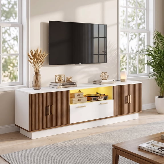 IPKIG 70" TV Stand with RGB LED Lights & Power Outlets, TV Console for TVs up to 80", Entertainment Center with Storage Cabinets & Drawers