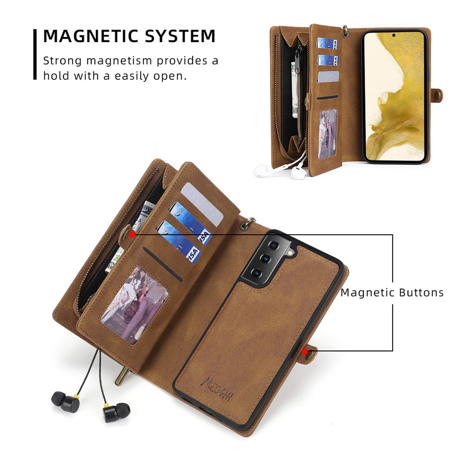 for Samsung Galaxy S24 Case for Women Men, Removable Durable PU Leather Magnetic Flip Strap Wristlet Zipper Purse Card Holder Detachable Wallet Phone Cases for Samsung Galaxy S24, Brown