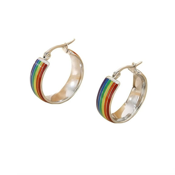 PAURO Men's Women's Stainless Steel Hoop Colorful LGBT Rainbow Striped Chunky Earrings Silver