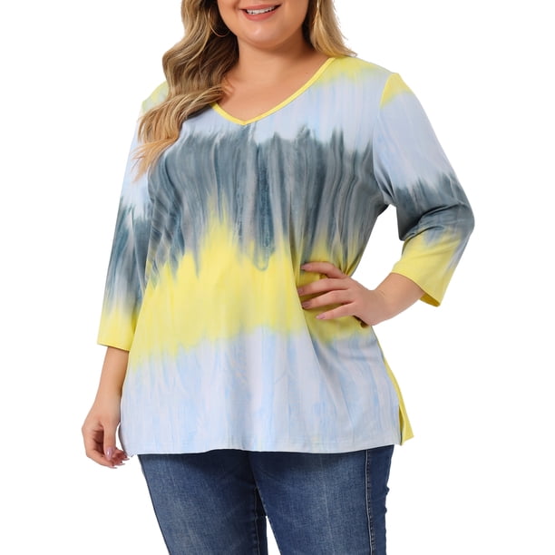 Tops de mujer plus size Agnes Orinda con rayas de teñido anudado, cuello en V, mangas 3/4, blusas casuales 3X gris y amarillo