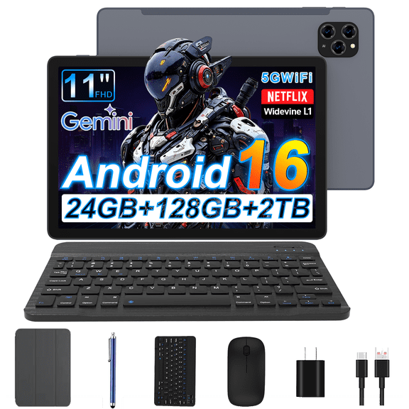 EDDBNi 11 Inch Tablet, Android 16 tablet Octa-Core Touch Screen Tablet, 24GB RAM 128GB ROM(Expand to 2tb), 5MP 13MP Dual Cameras, Face ID, Bluetooth, 5GWiFi , 8000mAh Battery,Black