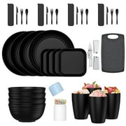 35 Pieces Wheat Straw Dinnerware Sets for 4, Plates and Bowls Sets With Cutting Board and Fruit knife, Outdoor Camping Dishes Sets, Microwave & Dishwasher Safe, Lightweight & Unbreakable, Black