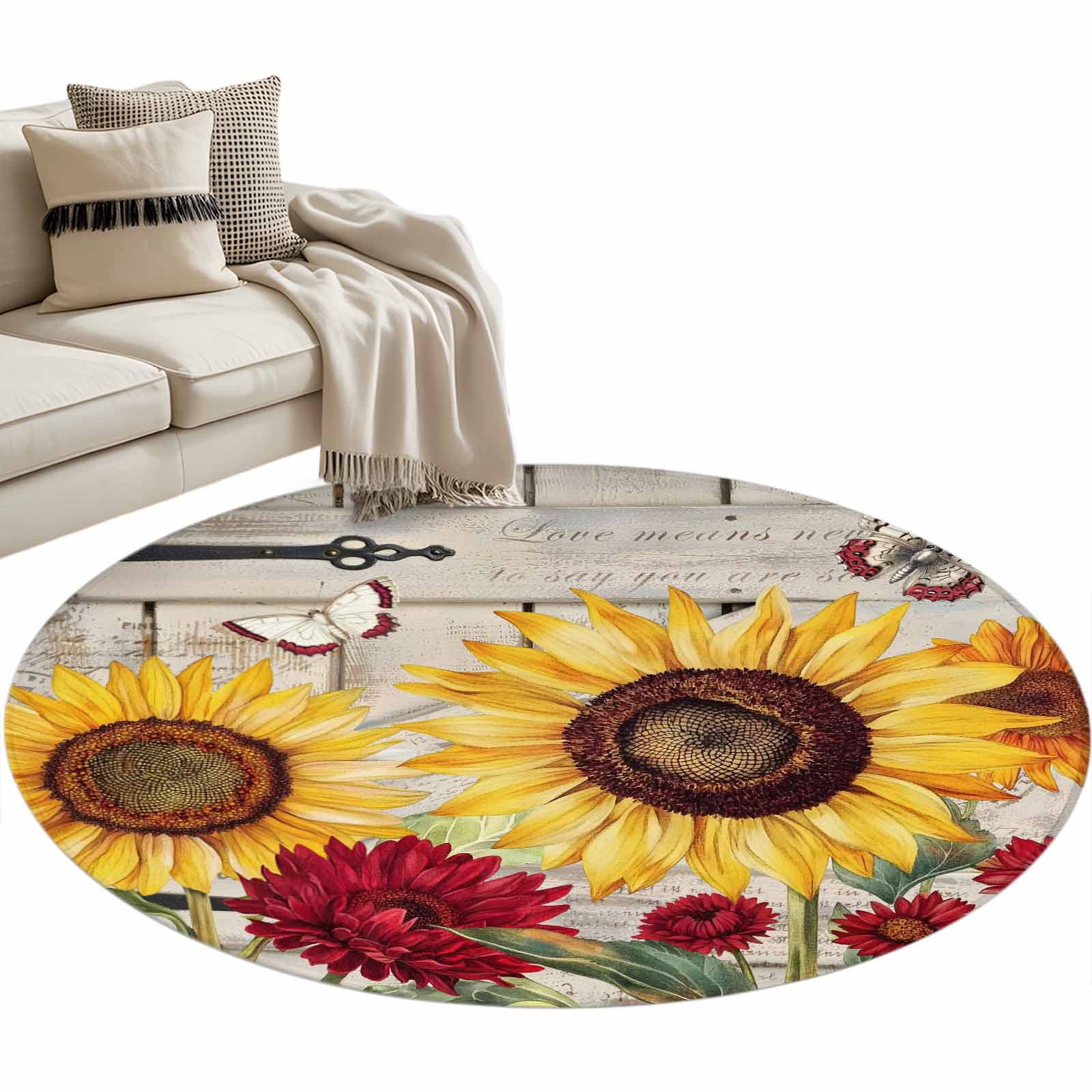 Round Area Rugs Collection 3 Ft, Red Yellow Sunflowers Non-Slip Residential Carpet, Retro Rustic Barn Doors Butterfly Brown Indoor Crawling Mats Doormat Runner Rugs Play Mat forBedroom