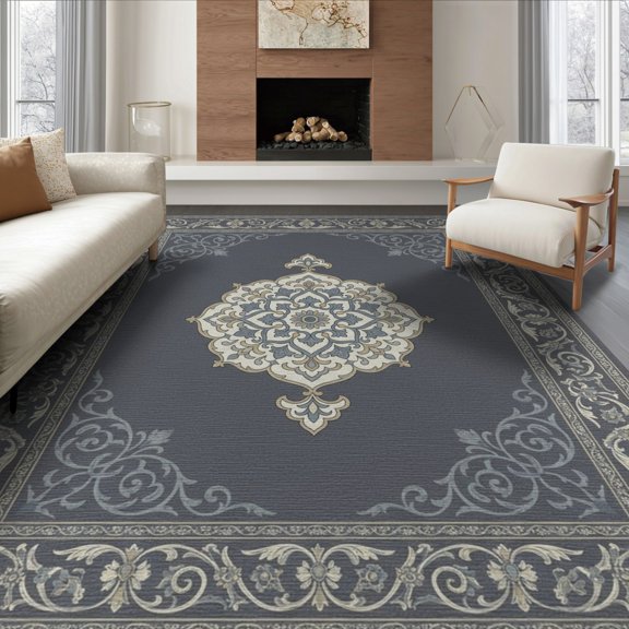 ODIKA 8'x10' Washable Area Rug Ornamental Faded Motifs Distressed Large Vintage Traditional Playful Expressive for King Size Bedroom Under Bed, Master Suite, Non-Shedding, Easy Care