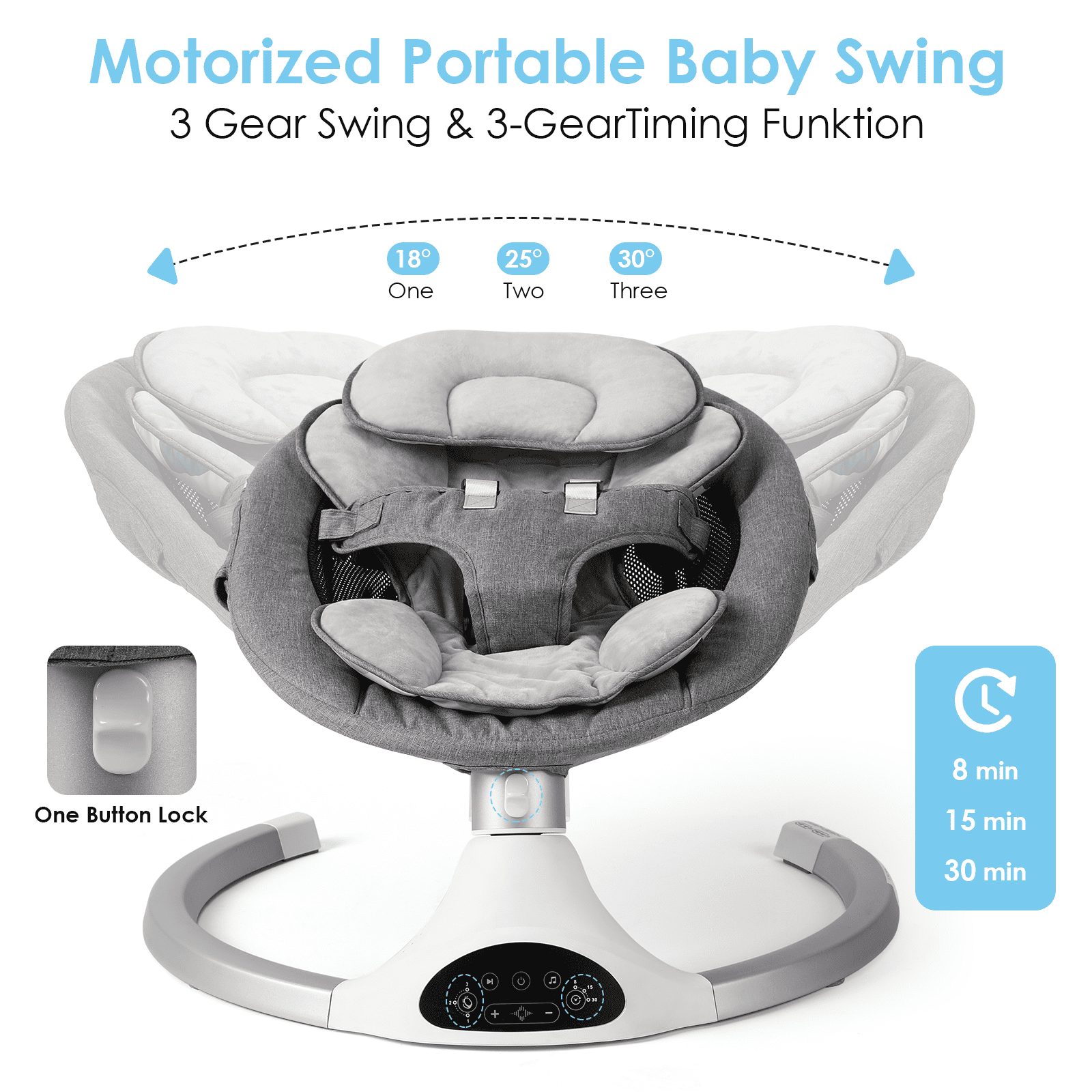 Baby Swing for Infants - Electric Infant Swing with 3 Swing Speeds and 10 Lullabies, Portable Indoor Baby Rocker, Touch Screen and Remote Control, Grey