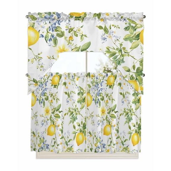 Summer Lemon Kitchen Curtains Swag Valance and Tier Curtains Set 36 Inch Length, Watercolor Yellow Spring Floral Botanical Rod Pocket Drape Panels Pair Swag Curtains for Bathroom/Cafe/Window