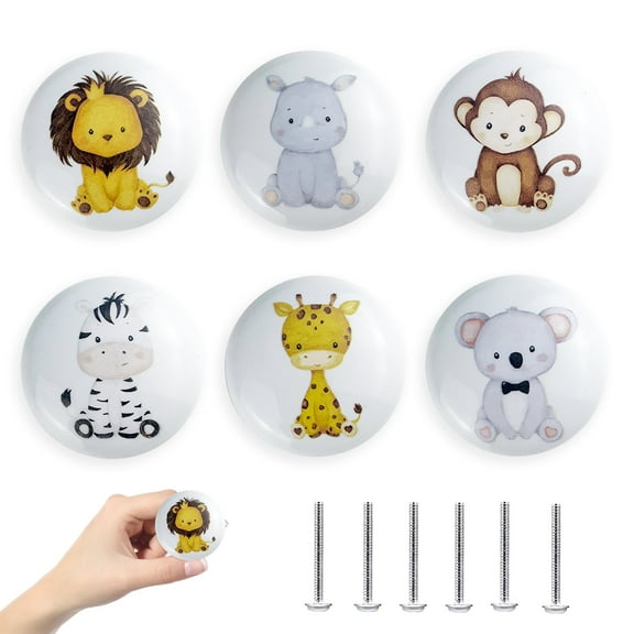 Jamjam  6 Pack 1.5"Ceramics Cute Animals Baby Nursery Room Dresser Drawers Knobs Kids Colorful Cabinet Handle Knobs