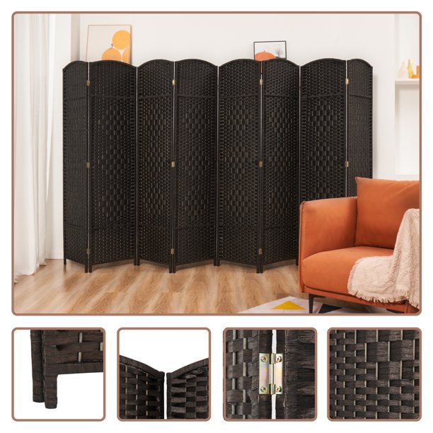 5.7ft Wood Fiber Woven 8 Panel Solid Wood Room Divider,, Removable