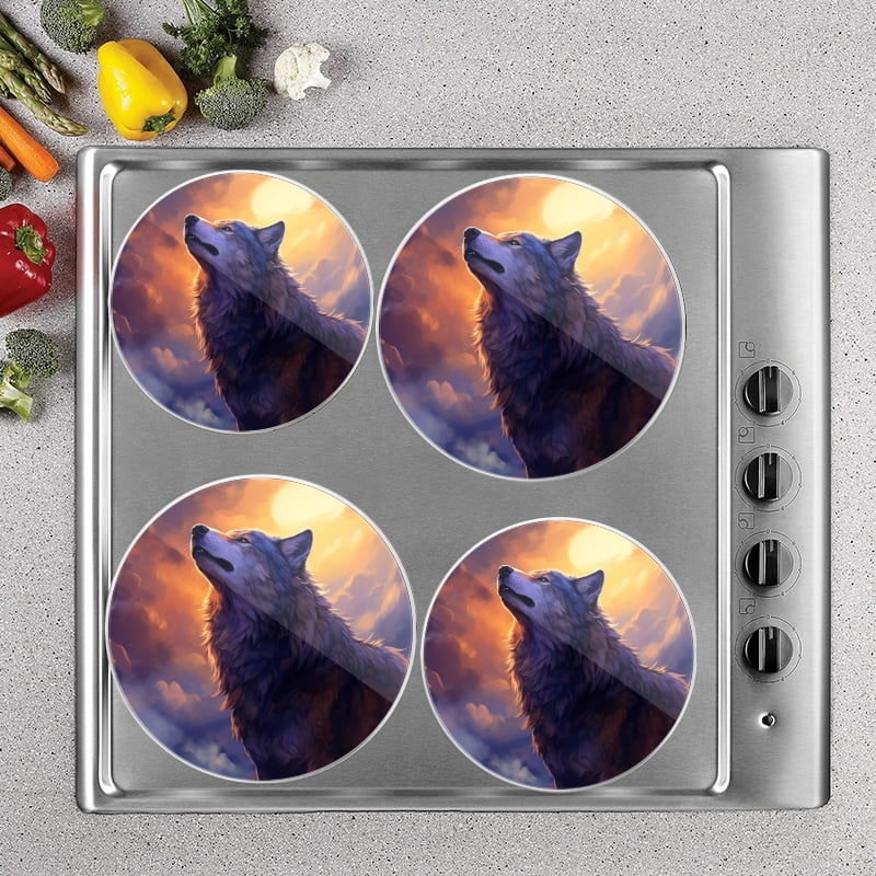 BaHomeck Electric Stove Burner Covers Set of 4,Round Metal Gas Stove Burner Covers 8 Inch and 10 Inch,Kitchen Decor,Wolf Howling At The Moon With Beautiful Night Sky