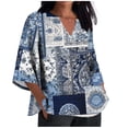 thumbnail image 3 of TaTaai Women's V Neck Casual Blouse, Printed Linen Look Shirt, Three Quarter Sleeves with Roll Tab for Summer Gift, 3 of 5