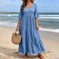 thumbnail image 7 of ClodeEU Women's V Neck 3/4 Sleeve Tiered Ruffle Maxi Dress, Casual Flowy Swing Sundress Blue,Women's Plus XXL, 7 of 7