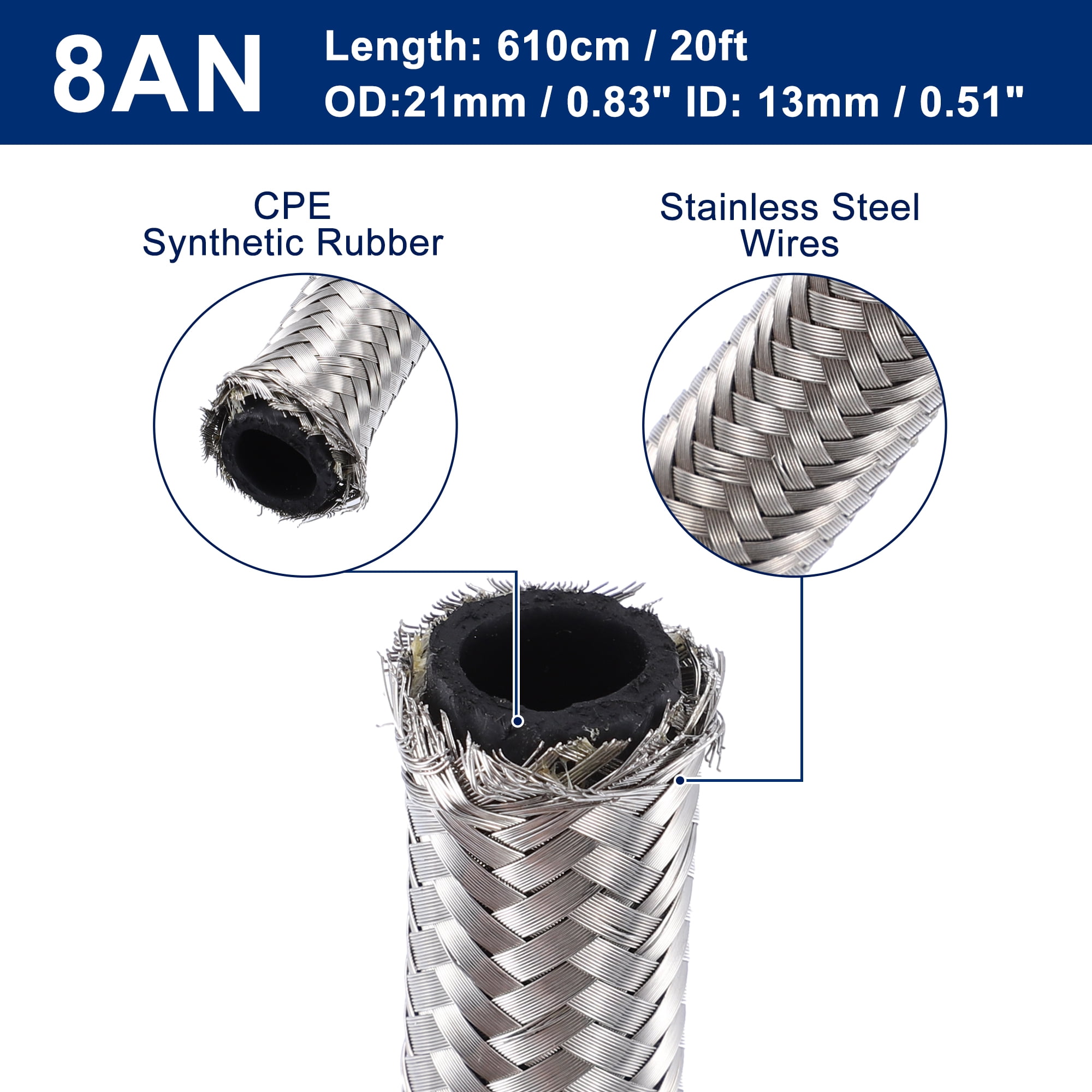 Unique Bargains 20ft 8AN Fuel Hose AN8 Universal Car Braided Stainless Steel CPE Oil Fuel Gas Line Hose Silver Tone