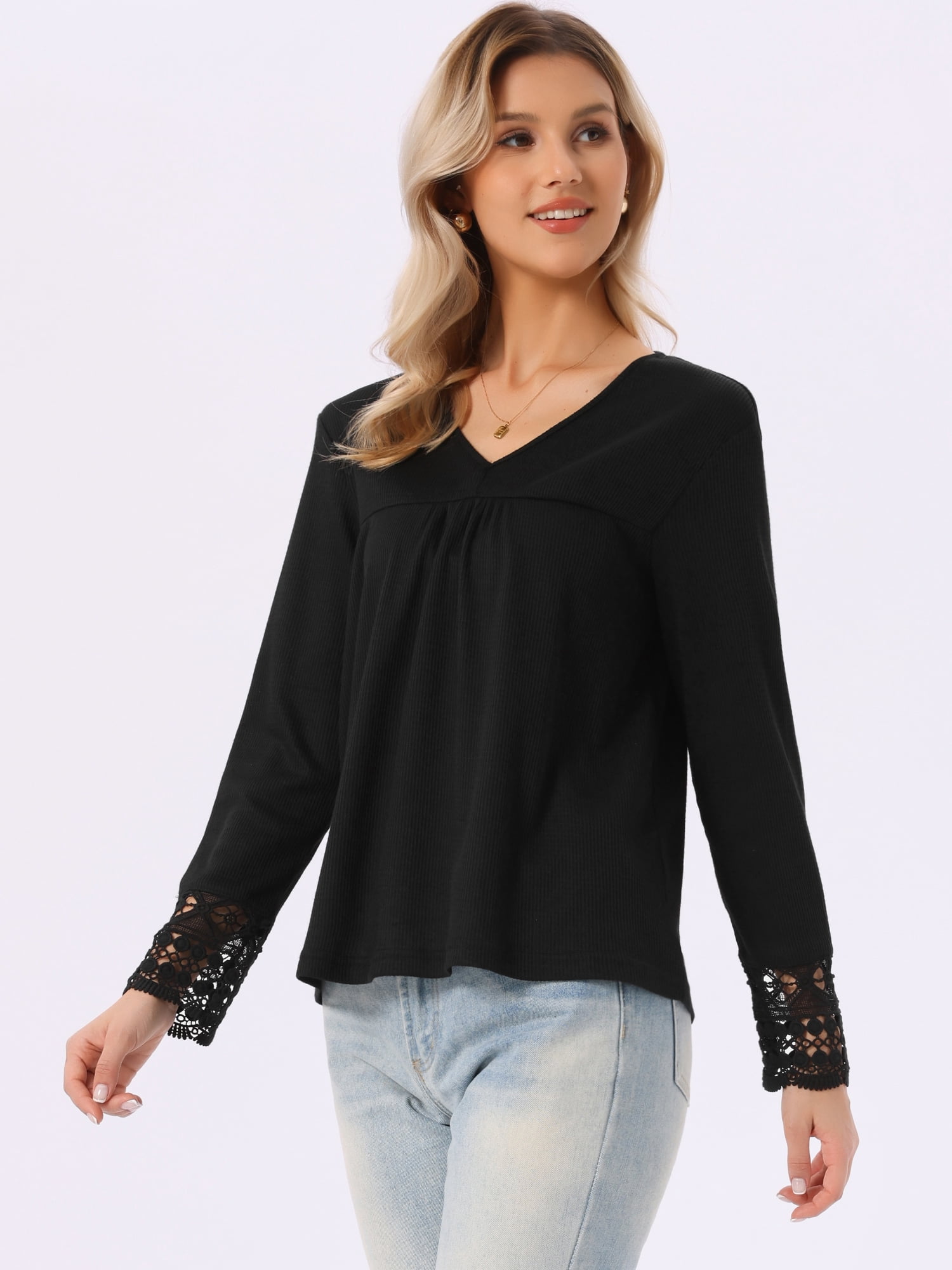 DARING DIVA Women's Long Sleeve V Neck Casual Tops Lace Blouses S Black