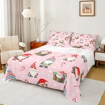 Homewish Christmas Cute Gnome Full Size Sheets,Sweet Candy Cane Bed Sheets,Pink Red Green Sheet Sets For Girls Kids,Microfiber Bedroom Decor,4 Pieces